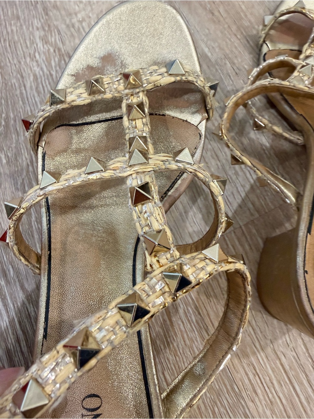 Valentino Gold Woven-Strap Studded Heeled Sandals